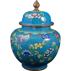 antique covered blue jar with flowers